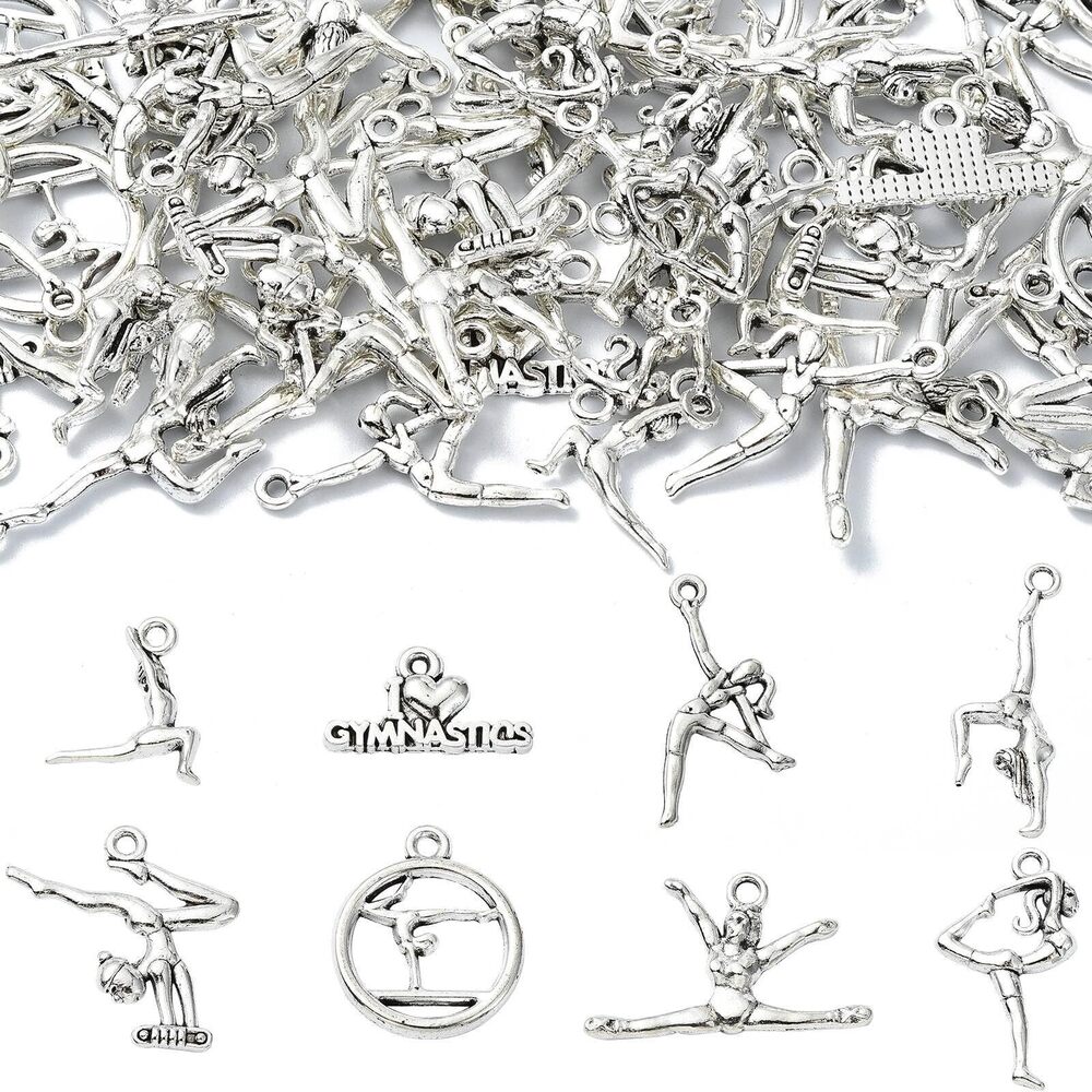 4142 80pcs 8 Styles Tibetan Gymnastic Charms - Antique Silver Sports